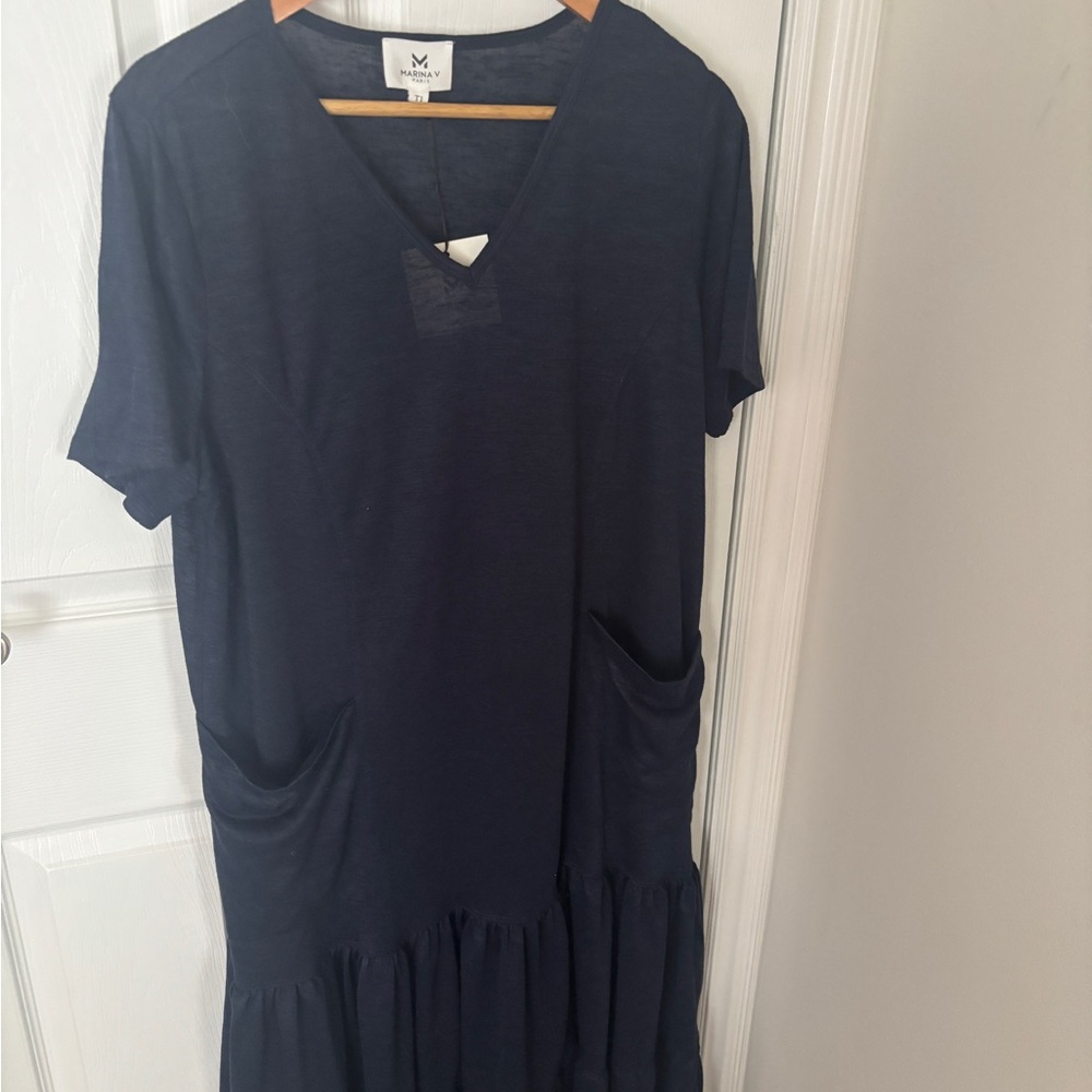 NWT Marina V Navy V-Neck Dress with Pockets XL